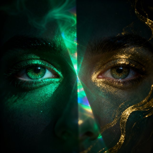 Zwei Augen – grün und gold – zwei Perspektiven auf dasselbe Erleben