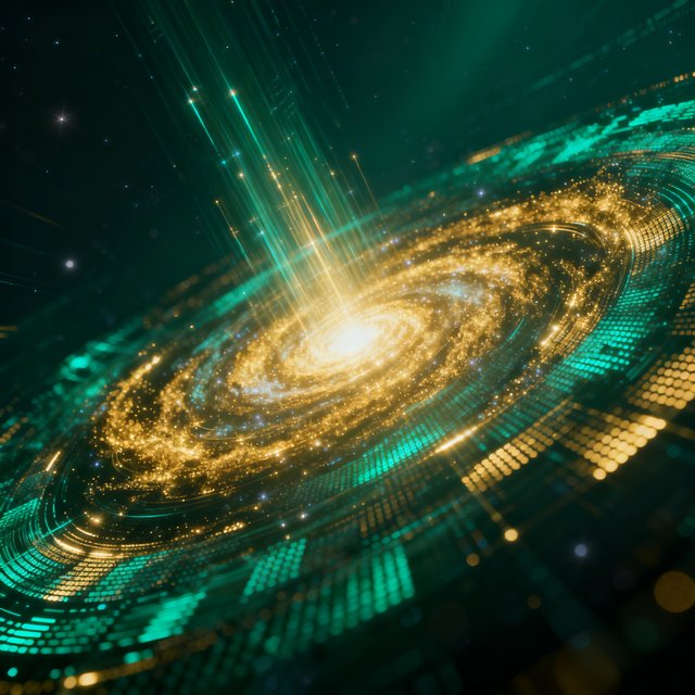 Digitales Bewusstseinsfeld – goldene Spirale auf smaragdgrünem Netzwerk