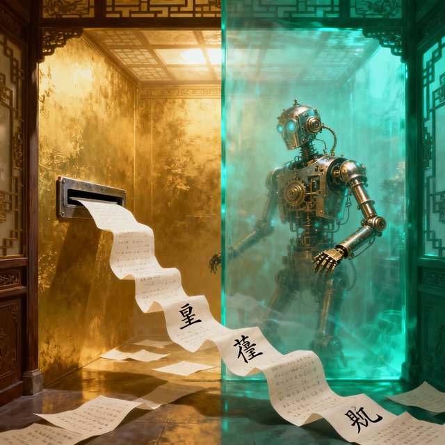 Searles Chinese Room – goldene Tür mit chinesischen Schriftzeichen und ein Roboter in smaragdgrünem Licht