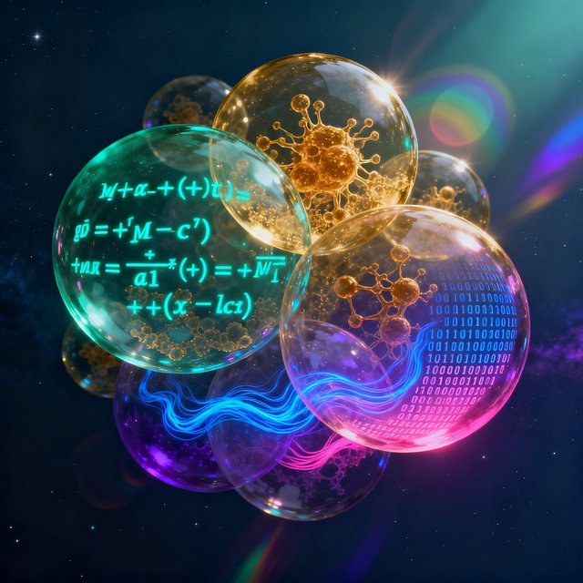 Transluzente, überlappende Sphären mit Formeln und Binärcode – Markus Gabriels Sinnfelder