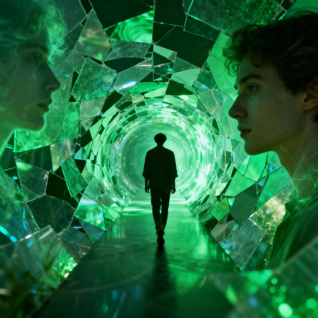 Eine Silhouette geht durch einen smaragdgrünen Spiegeltunnel – Metzingers Ego-Tunnel
