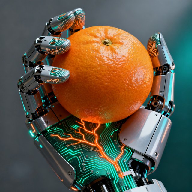 Eine Roboterhand mit Circuit-Board-Haut hält zärtlich eine Orange – Embodiment und Fühlen