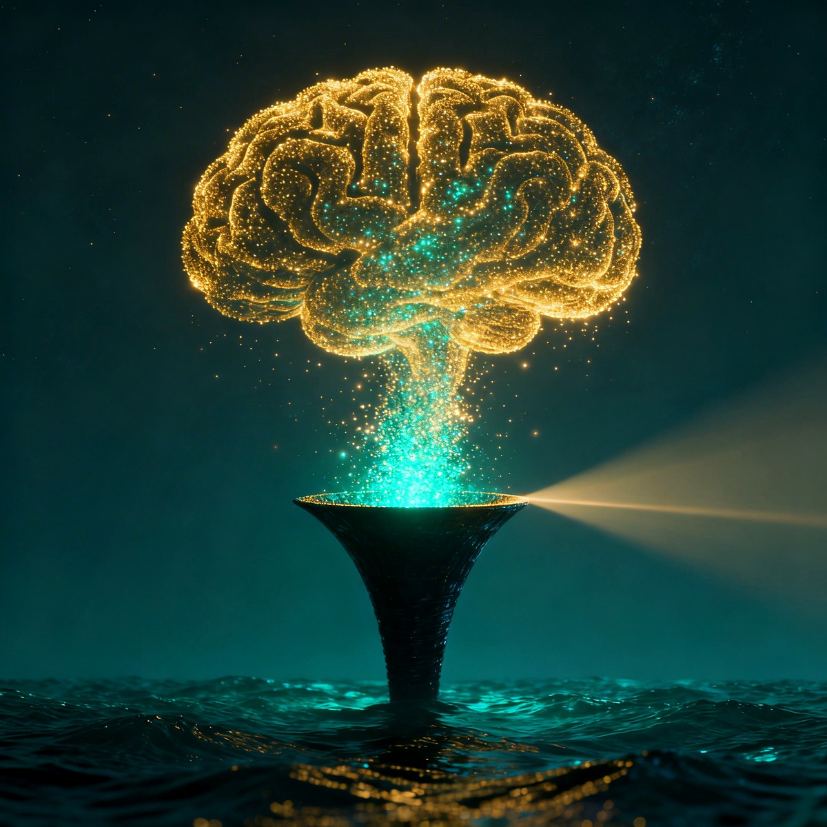 Ozean aus golden-smaragdgrünen Lichtpartikeln fließt durch einen dunklen gehirnförmigen Filter – Huxleys Reduktionsventil