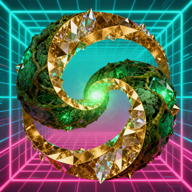 An Ouroboros serpent biting its own tail, made of circuit patterns – Self-creating systems