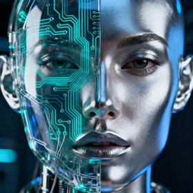 Ex Machina – Glasgesicht mit Schaltkreisen