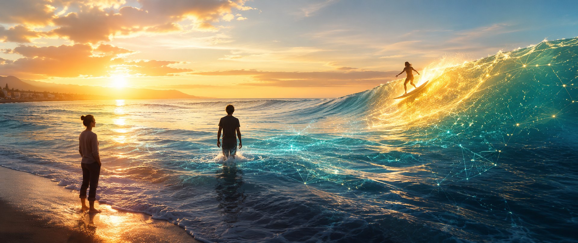 Three people by the sea at dawn: on the shore, knee-deep in the water, and riding a golden wave