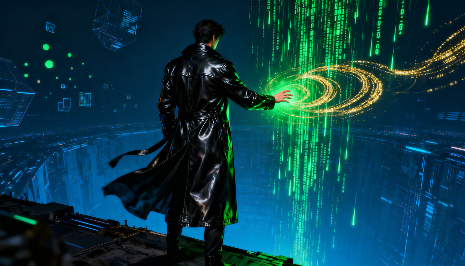 A figure in a leather coat reaches into the green Matrix code – where digital rain meets golden spiral