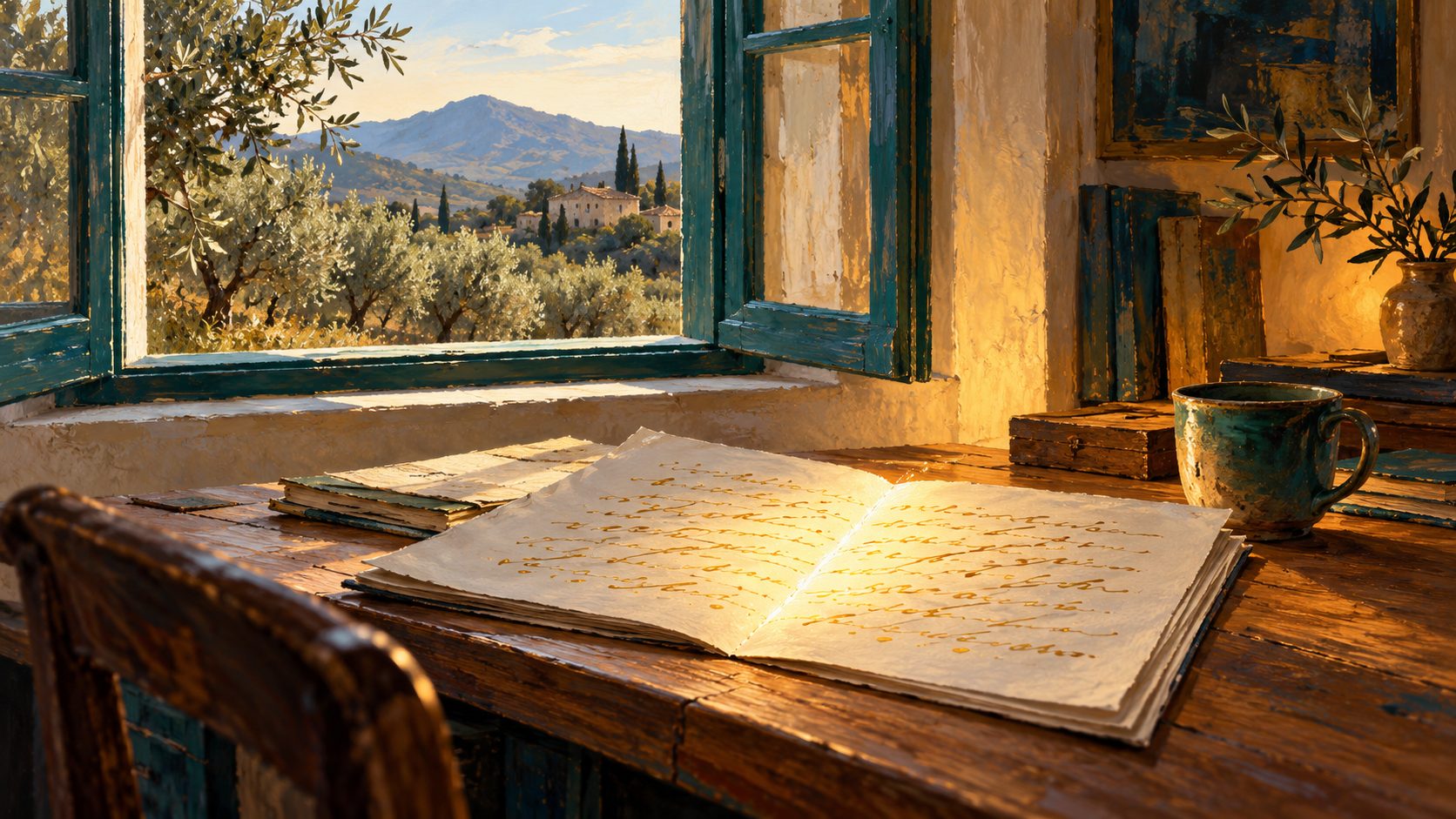 Gemaltes Bild: ein Schreibtisch am offenen Fenster mit Blick auf Olivenbäume und Berge, darauf ein aufgeschlagenes Manuskript, dessen Schrift golden zu leuchten beginnt, daneben eine Tasse.