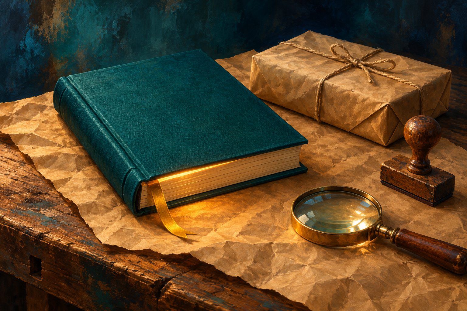 Gemaltes Bild: ein gebundenes petrolfarbenes Buch mit goldenem Lesezeichen, daneben ein Paket mit Schnur, ein Stempel und eine Lupe auf Packpapier.
