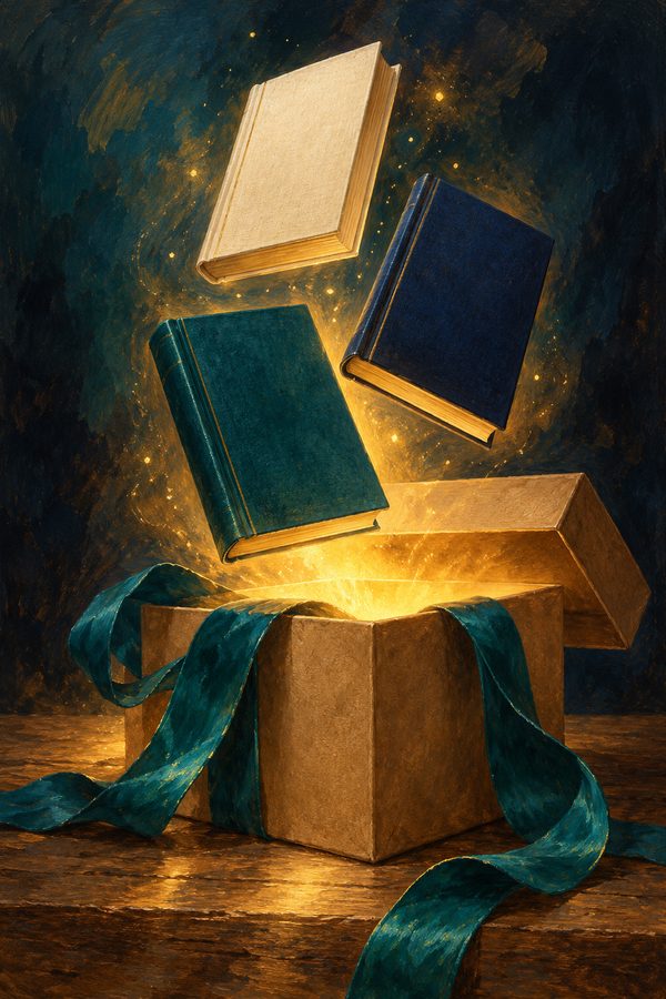 Gemaltes Bild: ein geöffneter Geschenkkarton mit petrolfarbenem Band, aus dem drei Bücher im goldenen Licht nach oben schweben.