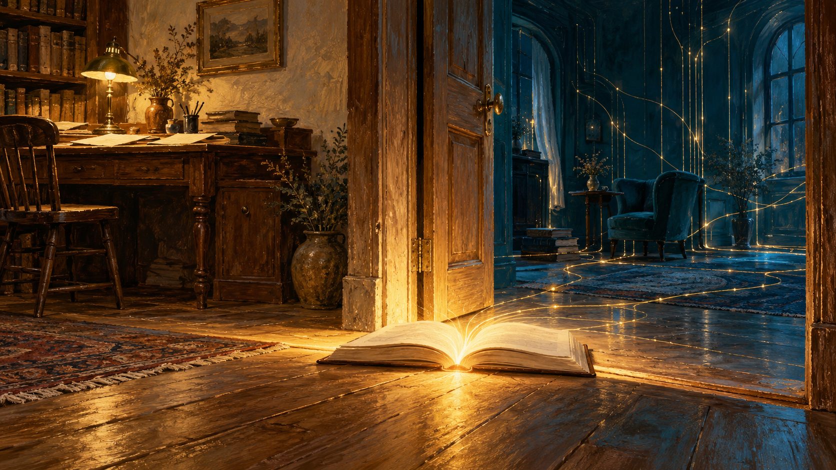 Gemaltes Bild: eine offene Tür zwischen einem alten Arbeitszimmer mit Lampe und Büchern und einem dunkelblauen Raum voller feiner Lichtfäden; auf der Schwelle liegt ein aufgeschlagenes Buch, aus dessen Falz goldenes Licht in beide Räume fällt.