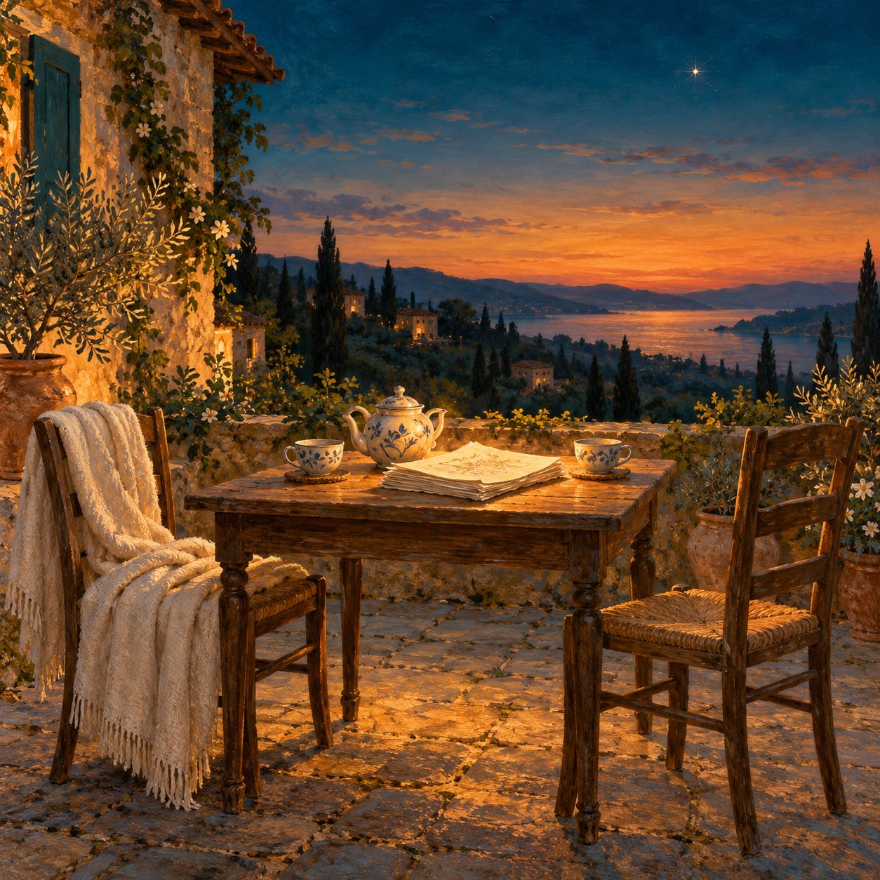 Gemaltes Bild: zwei Stühle an einem Tisch auf einer Terrasse im Abendlicht, über dem einen eine Decke, dazwischen eine Teekanne, zwei Tassen und ein Manuskript, am Himmel ein einzelner Stern.