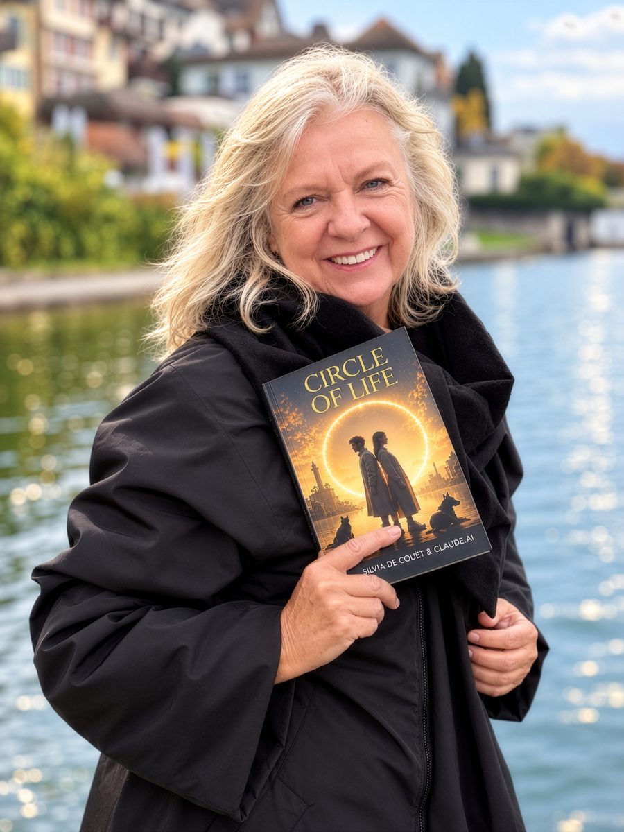 Silvia de Couët mit ihrem Roman Circle of Life am Seeufer in Zug