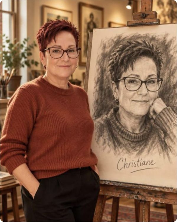 Christiane neben ihrem gezeichneten Porträt