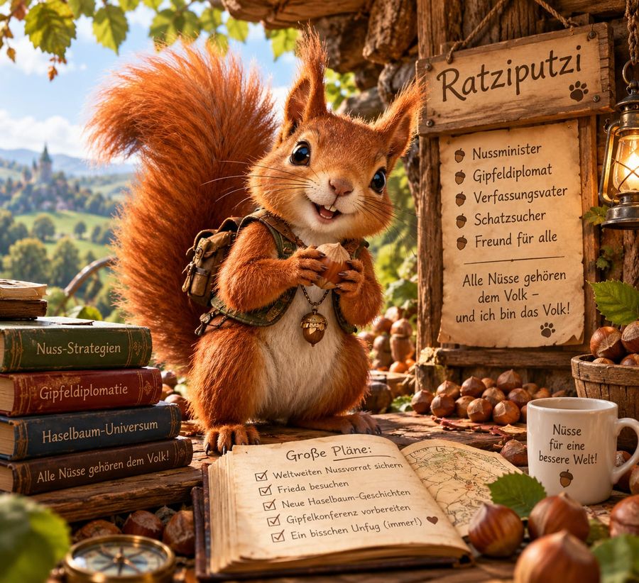 Das Eichhörnchen Ratziputzi mit Haselnuss