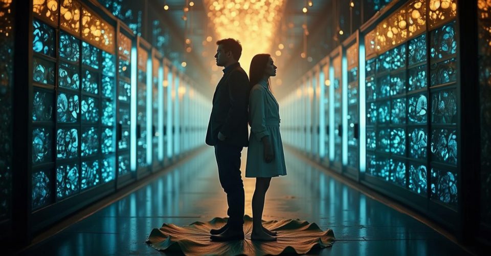 Zwei Figuren stehen Rücken an Rücken auf einem Lotusblatt, umgeben von leuchtenden futuristischen Wänden – ein Sinnbild für die fragile Grenze zwischen Realität und Imagination in Circle of Life.