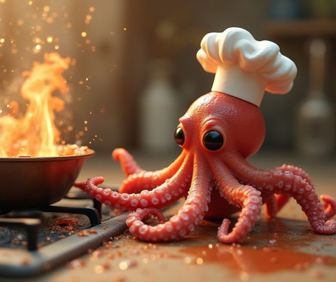 Ganzer Oktopus mit Tentakeln hängt aus Ninja Air Fryer Schublade - Pulpo Rezept Vorbereitung