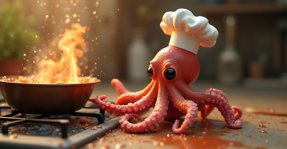 Ganzer Oktopus mit Tentakeln hängt aus Ninja Air Fryer Schublade - Pulpo Rezept Vorbereitung