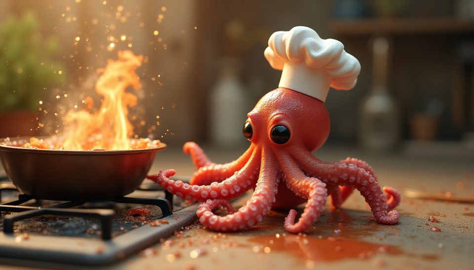 Ganzer Oktopus mit Tentakeln hängt aus Ninja Air Fryer Schublade - Pulpo Rezept Vorbereitung