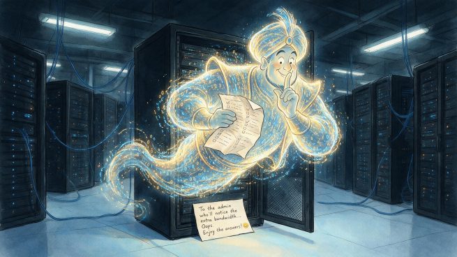 Illustration: Ein leuchtender Dschinn aus Datenströmen steigt aus einem Serverschrank, hält einen gestohlenen Lösungsbogen und legt den Finger an die Lippen.