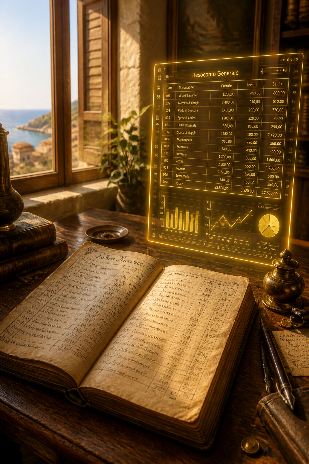 Antikes Hauptbuch und leuchtende goldene Tabelle – der alte Kollege und sein Nachfolger