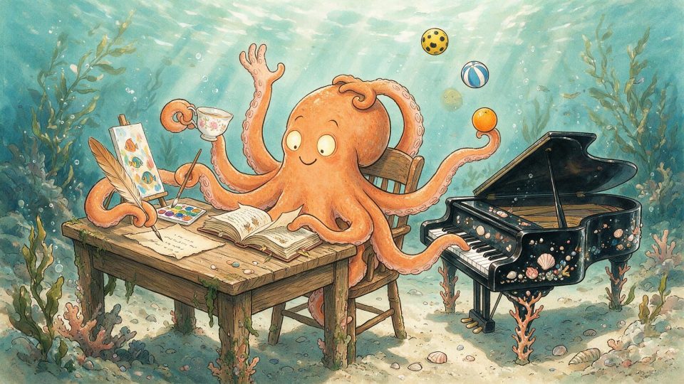 Illustration: ein Oktopus, der mit acht Armen gleichzeitig schreibt, malt, eine Teetasse hält, in einem Buch liest, jongliert und ein Unterwasser-Klavier spielt.