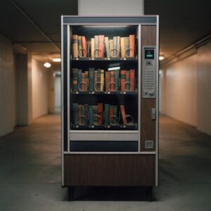Alter Verkaufsautomat in einem leeren Gang, in den Fächern stehen gebundene Bücher, ein Fach ist leer