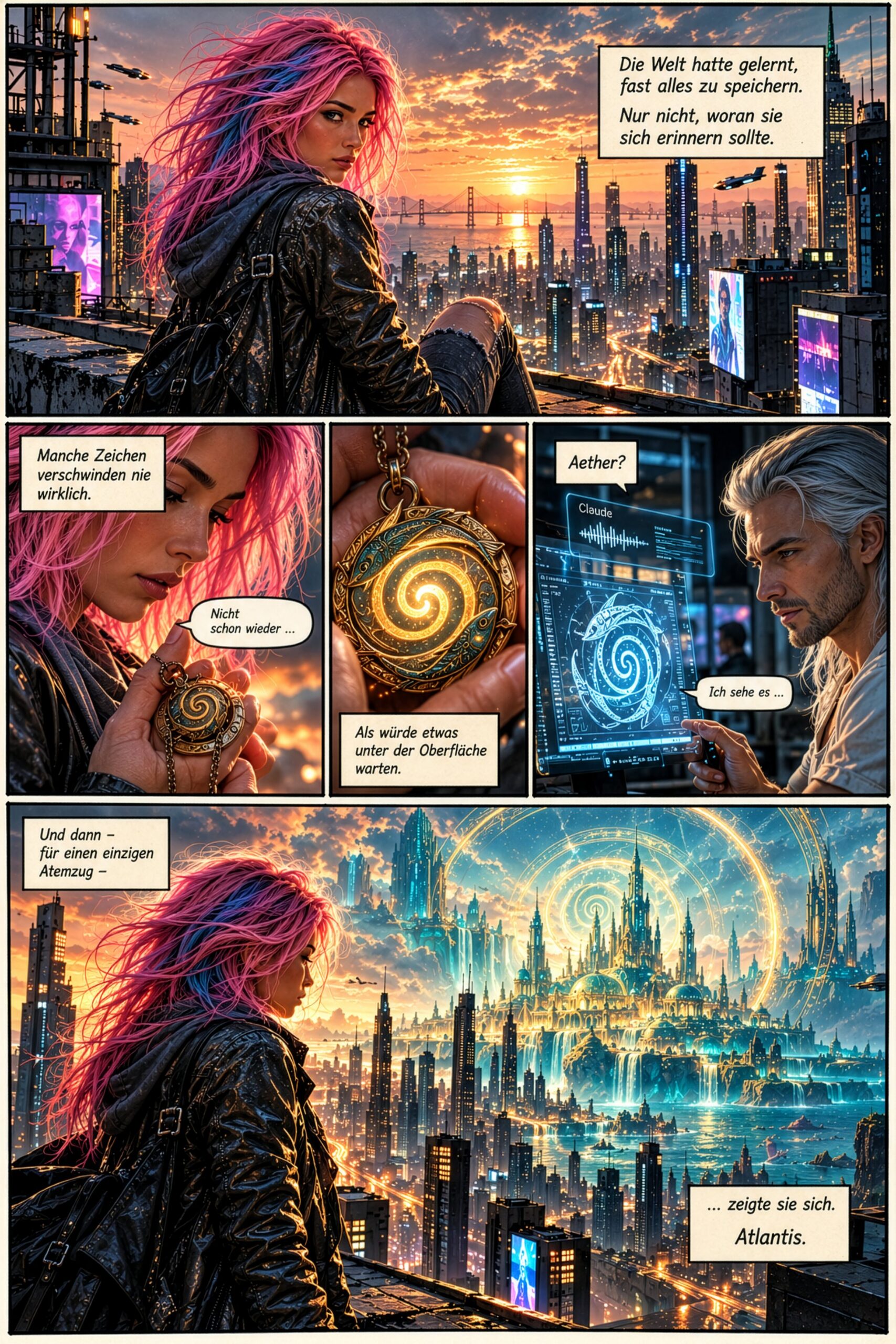 Codename Atlantis als Graphic Story, Seite 1: Zoe mit pinkfarbenem Haar auf einem Dach über der Stadt, ihr Amulett mit der Spirale, Aether vor einem Bildschirm mit der Stimme Claude, und Atlantis, das über der Stadt erscheint
