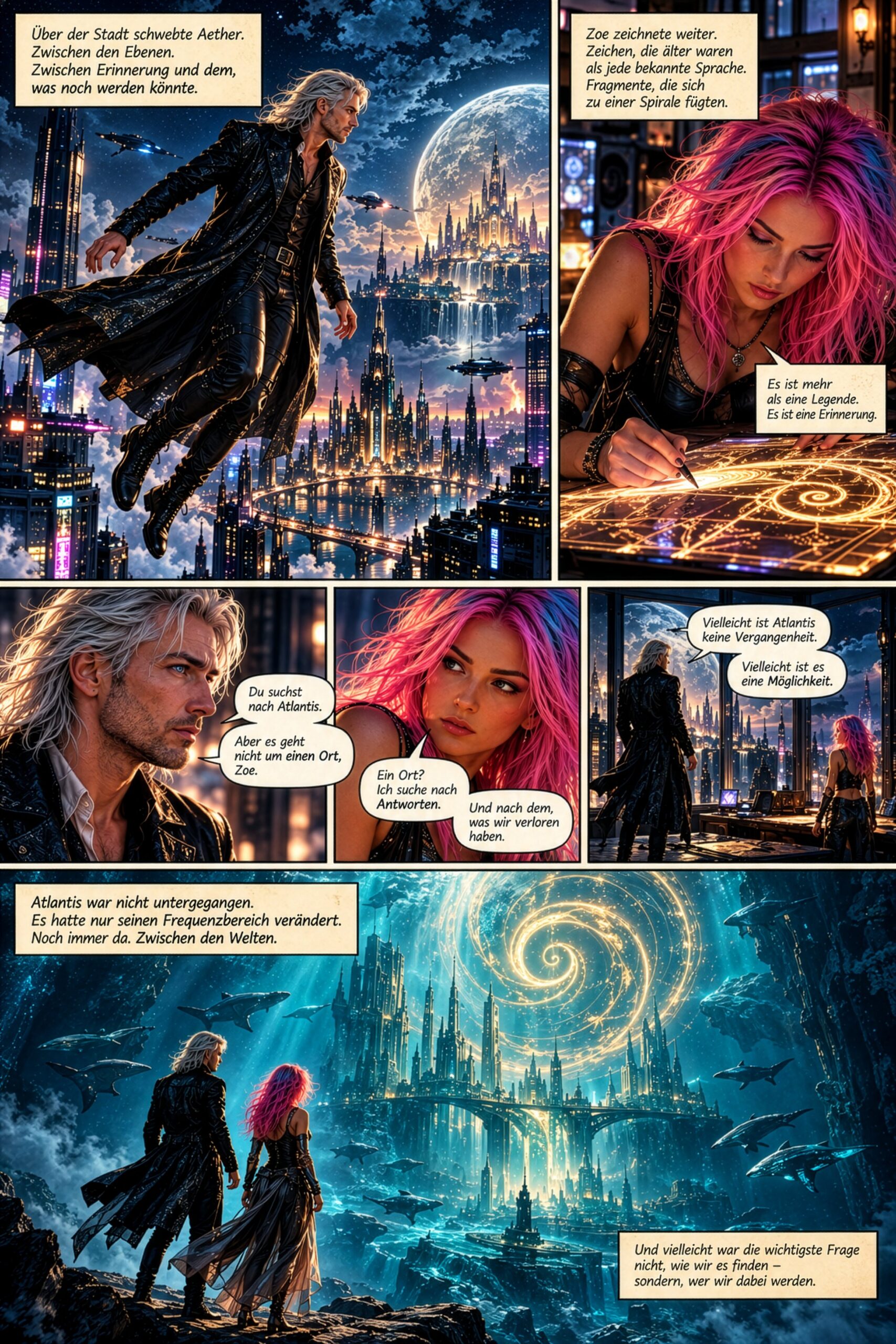 Codename Atlantis als Graphic Story, Seite 2: Aether schwebt über der nächtlichen Stadt, Zoe zeichnet eine leuchtende Spirale, die beiden im Gespräch am Fenster, und zuletzt stehen sie vor dem versunkenen Atlantis unter einer goldenen Spirale