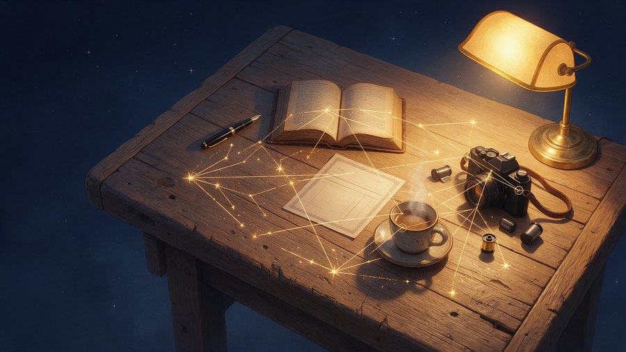 Werkbank bei Nacht: Buch, Füller, Kamera, Rechnung und Kaffeetasse, durch feine goldene Linien verbunden