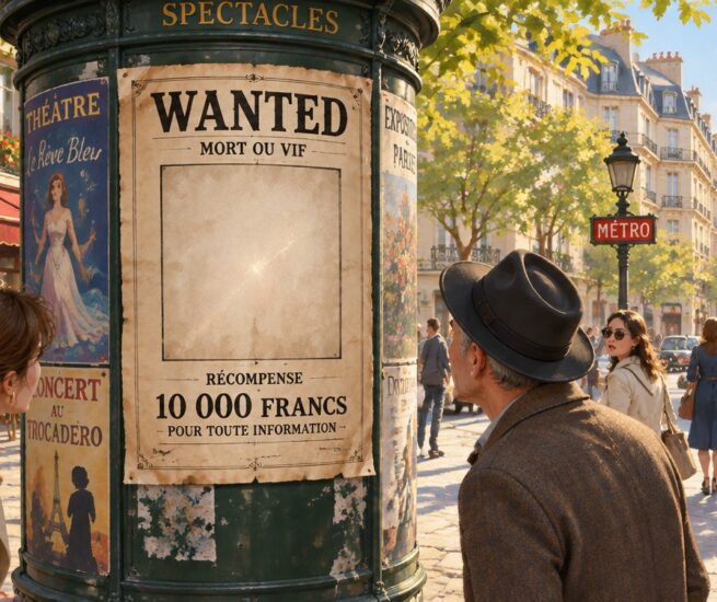 Litfaßsäule in Paris mit einem WANTED-Plakat, dessen Porträtfeld leer ist – Passanten schauen ratlos