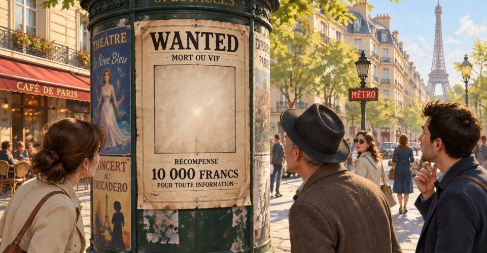 Litfaßsäule in Paris mit einem WANTED-Plakat, dessen Porträtfeld leer ist – Passanten schauen ratlos