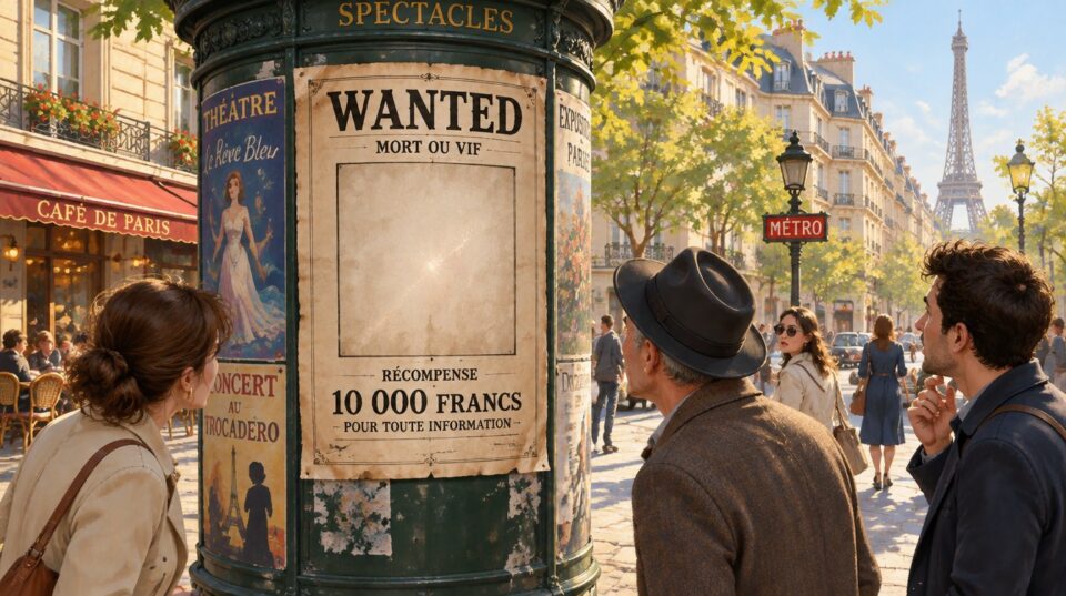 Litfaßsäule in Paris mit einem WANTED-Plakat, dessen Porträtfeld leer ist – Passanten schauen ratlos