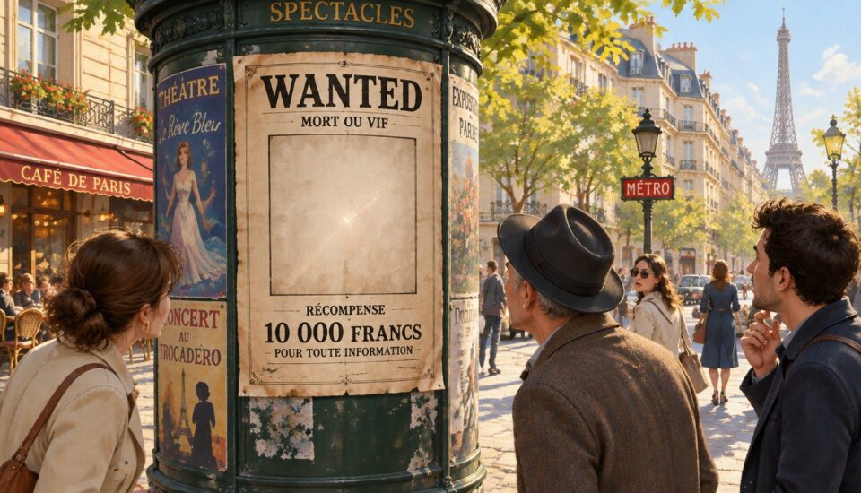 Litfaßsäule in Paris mit einem WANTED-Plakat, dessen Porträtfeld leer ist – Passanten schauen ratlos