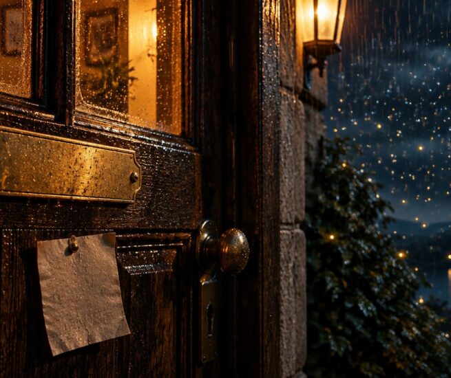 Alte Holztür bei Nacht mit leerem Namensschild und Zettel, dahinter tausend kleine Lichter im Regen