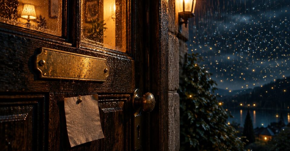 Alte Holztür bei Nacht mit leerem Namensschild und Zettel, dahinter tausend kleine Lichter im Regen