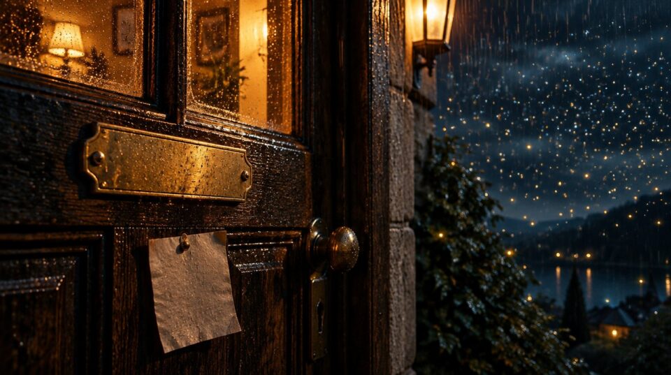 Alte Holztür bei Nacht mit leerem Namensschild und Zettel, dahinter tausend kleine Lichter im Regen