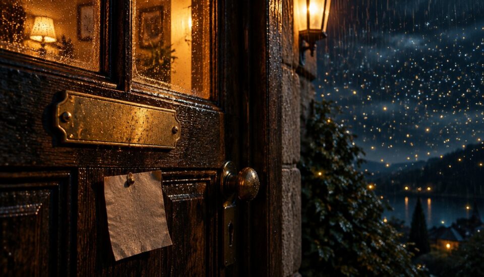 Alte Holztür bei Nacht mit leerem Namensschild und Zettel, dahinter tausend kleine Lichter im Regen