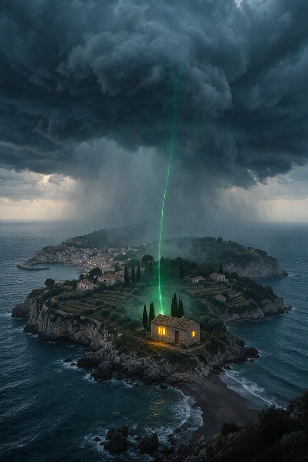 Sturmsystem über einer Insel, ein einziges Haus mit warmem Licht und einem grünen Faden zum Himmel