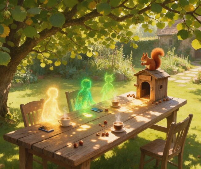 Ein Holztisch unter einem Haselbaum, zwei Telefone, drei leuchtende Gestalten aus Licht und ein rotes Eichhörnchen auf einem kleinen Mauthäuschen