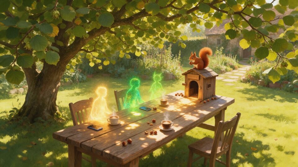 Ein Holztisch unter einem Haselbaum, zwei Telefone, drei leuchtende Gestalten aus Licht und ein rotes Eichhörnchen auf einem kleinen Mauthäuschen